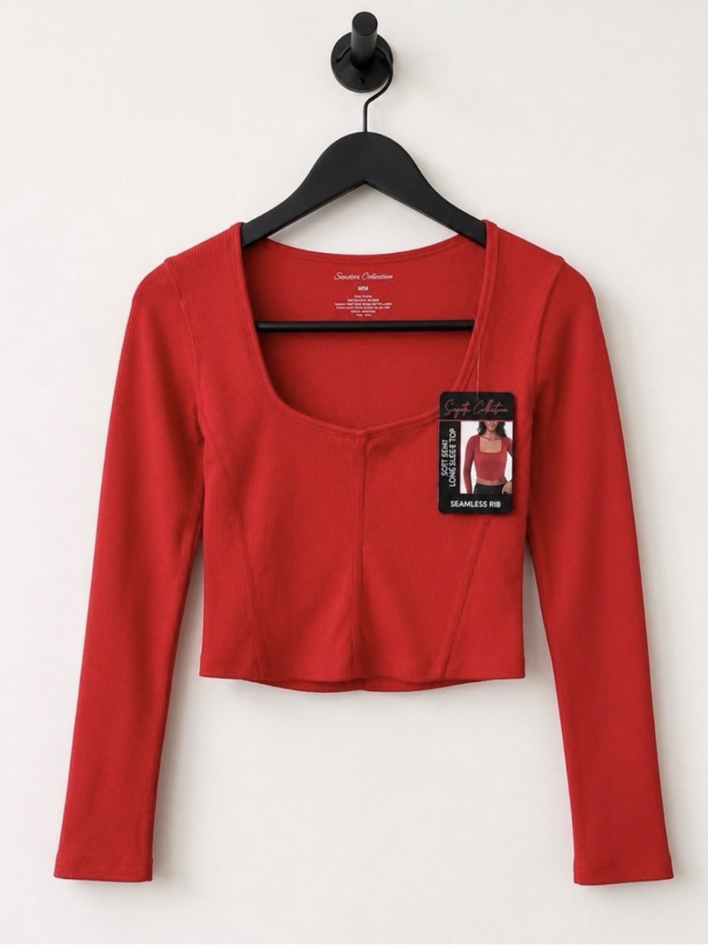 Seamless Rib Long-Sleeve Crop Top - Red